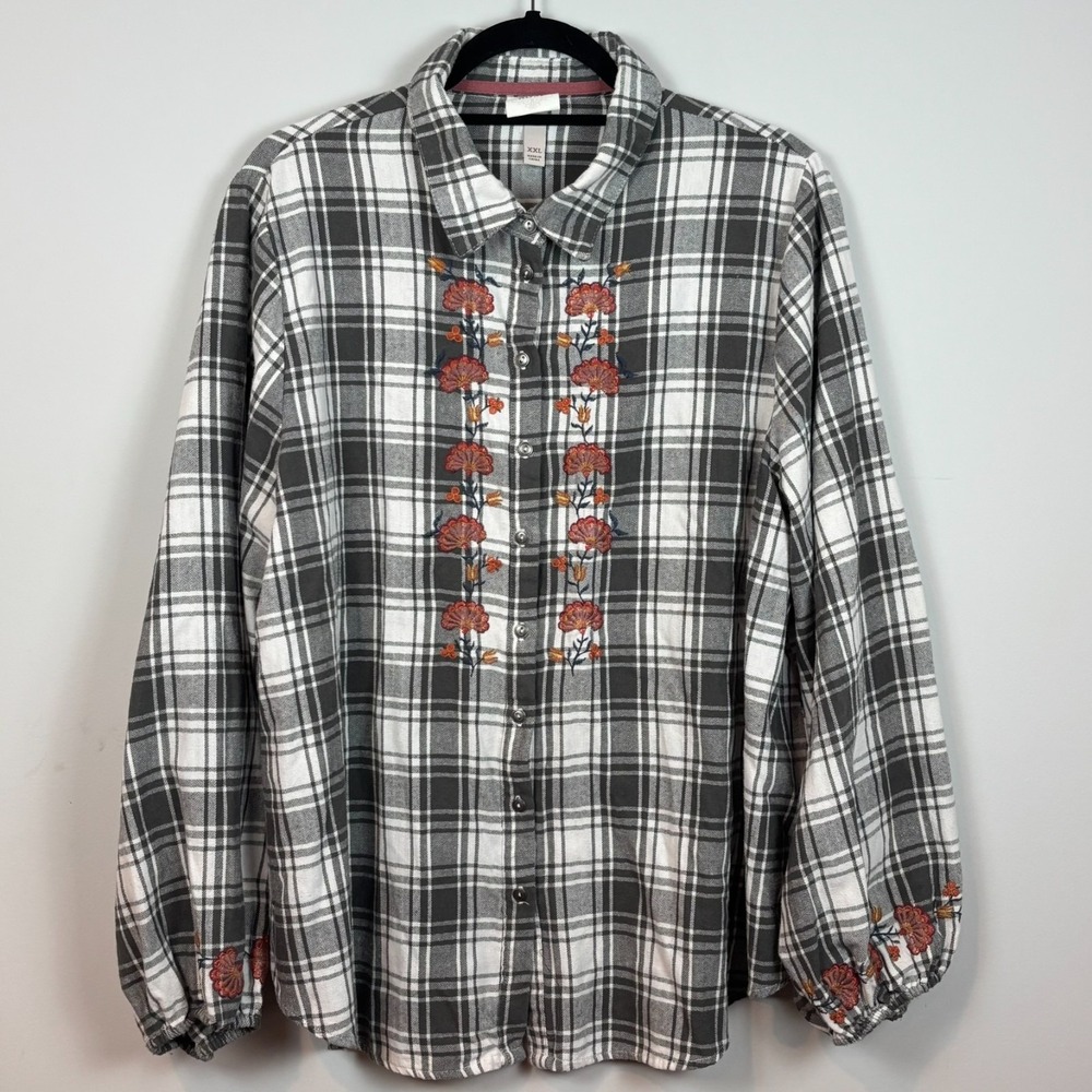 Knox Rose‎ Black Plaid Puff Sleeve Flannel Shirt Floral Embroidery Womens XXL